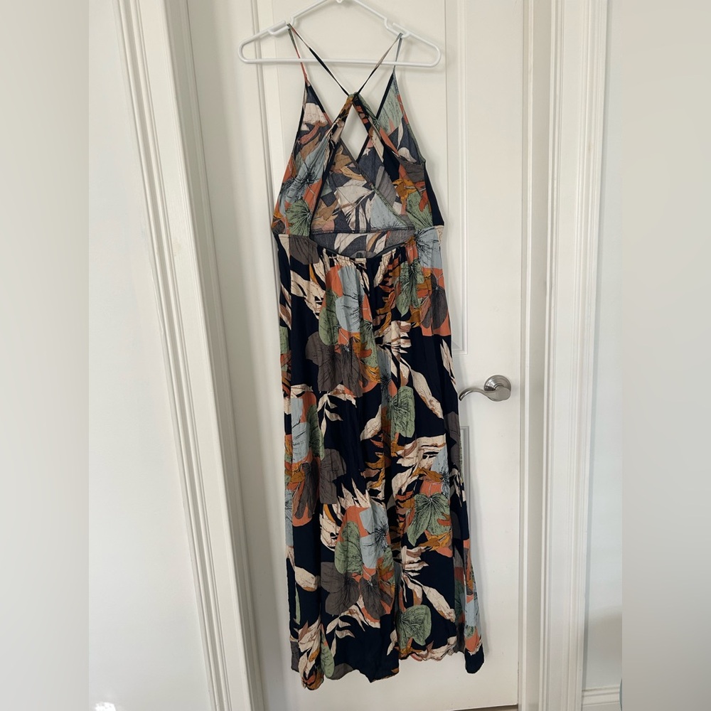 Tropical Print Navy Open Back Thigh Slit Maxi Dress Size Large - Picture 5 of 8